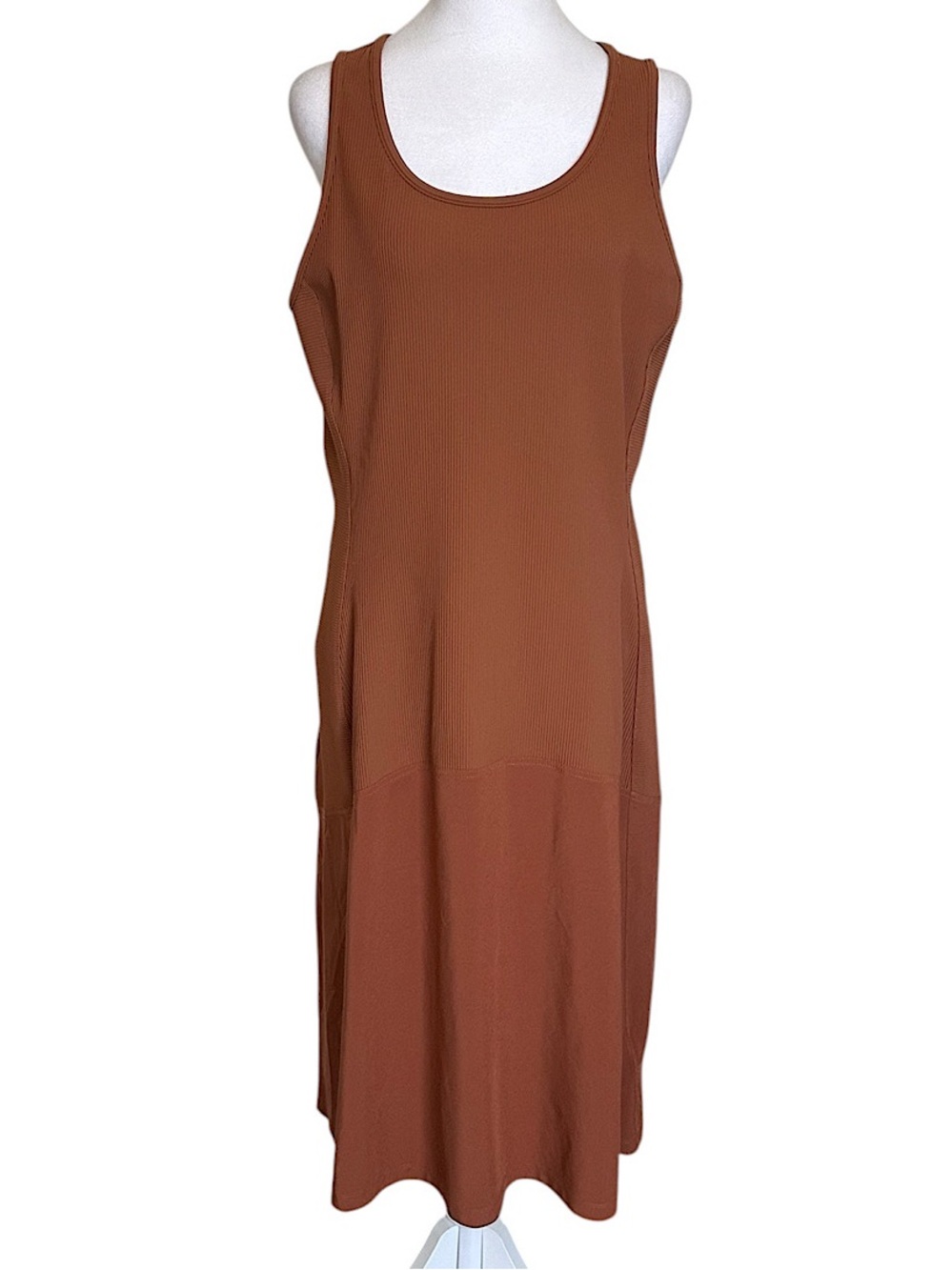 Athleta Ribbed Fit & Flare Midi Dress Women’s Large Brown Tan Athleisure Hiking